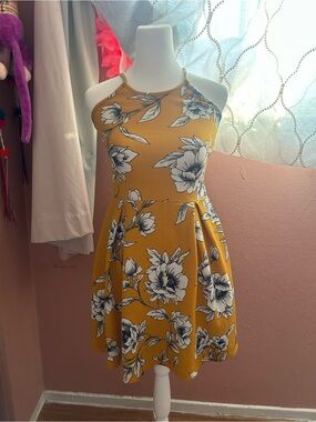 Scenic Floral Halter Mini Dress in Mustard Yellow